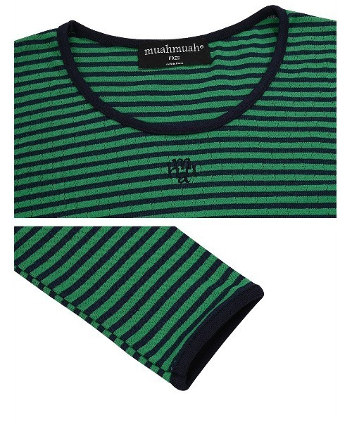 muahmuah（ムーアムーア）の「A'GEM/9 × .kom 『muah muah/ムーアムーア』 LOGO STITCH STRIPE LS/ロゴ ステッチ ストライプ 長袖カットソー（Tシャツ/カットソー・レディース・ブラック/ネイビー/ブラウン・FREE）」の19枚目の写真