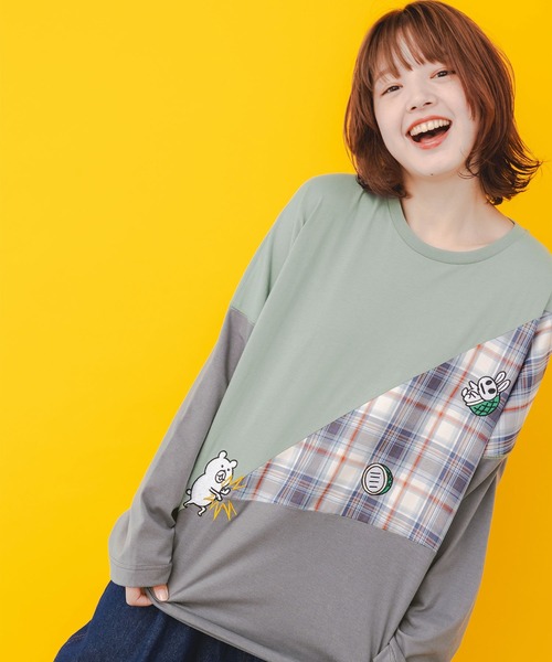 343117：必殺！クマカメ破 刺繍チェック切替ロングスリーブTシャツ