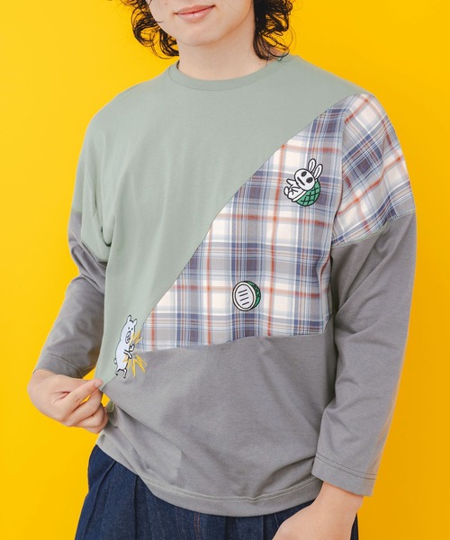 mamakumaページ 343117：必殺！クマカメ破 刺繍チェック切替ロングスリーブTシャツ