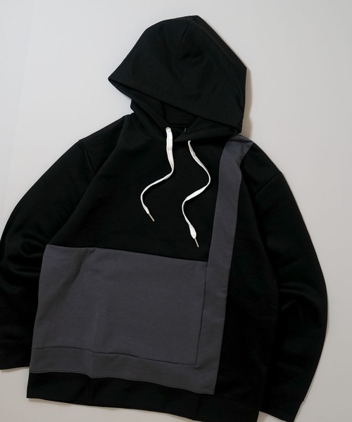 Ritzy（リッツィー）の「cardboard knit switching hoodie/ダンボールニット 切り替え プルオーバー パーカー レディース メンズ（パーカー・メンズ・チャコールグレー/サックスブルー/ブラック/ホワイト・L/XL/M）」の3枚目の写真