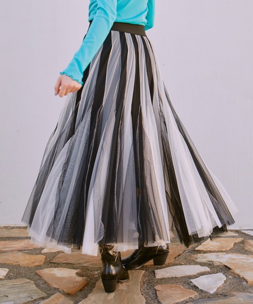 ボリュームストライプチュールスカート（スカート）｜manana suerte