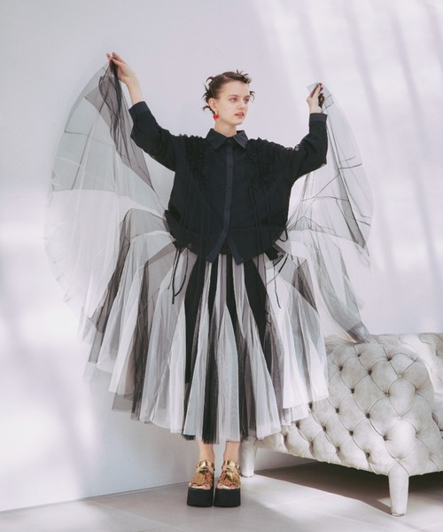 manana suerte（マニャーナスエルテ）の「ボリュームストライプチュールスカート（スカート・レディース・マルチ/ブラック×ホワイト・FREE）」の13枚目の写真