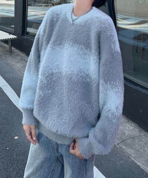 link lot(リンクロット)の「【サイズ改良】シャギーボーダーニット ルーズシルエット アブストラクト柄 フェイクファー 男女兼用(ニット/セーター・メンズ・サックスブルー/ブラック/ブラウン・M/L)」の9枚目の写真