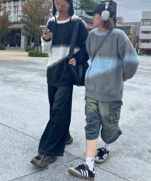 link lot(リンクロット)の「【サイズ改良】シャギーボーダーニット ルーズシルエット アブストラクト柄 フェイクファー 男女兼用(ニット/セーター・メンズ・サックスブルー/ブラック/ブラウン・M/L)」の13枚目の写真