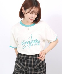 CONVERSE White(コンバース ホワイト)スターブランドロゴプリント 綿麻リンガーTシャツ レディース