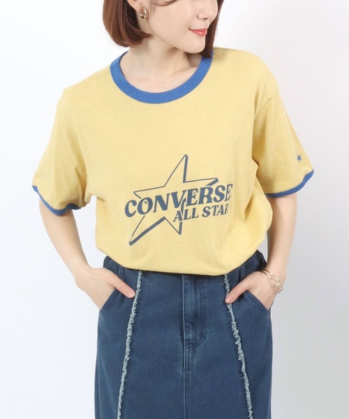 CONVERSE(コンバース)の「CONVERSE White(コンバース ホワイト)スターブランドロゴプリント 綿麻リンガーTシャツ レディース(Tシャツ/カットソー・レディース・オフホワイト/イエロー・M)」の2枚目の写真