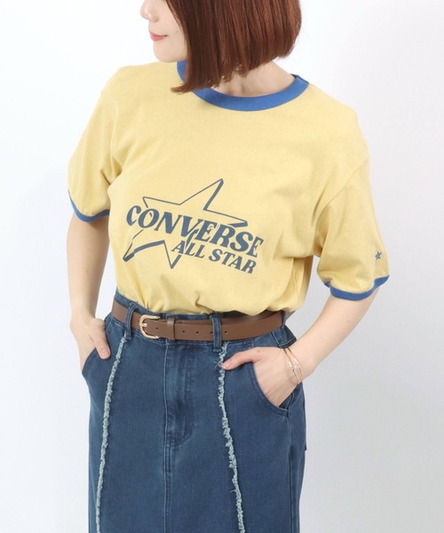 CONVERSE(コンバース)の「CONVERSE White(コンバース ホワイト)スターブランドロゴプリント 綿麻リンガーTシャツ レディース(Tシャツ/カットソー・レディース・オフホワイト/イエロー・M)」の19枚目の写真
