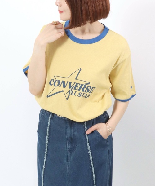 CONVERSE(コンバース)の「CONVERSE White(コンバース ホワイト)スターブランドロゴプリント 綿麻リンガーTシャツ レディース(Tシャツ/カットソー・レディース・オフホワイト/イエロー・M)」の18枚目の写真