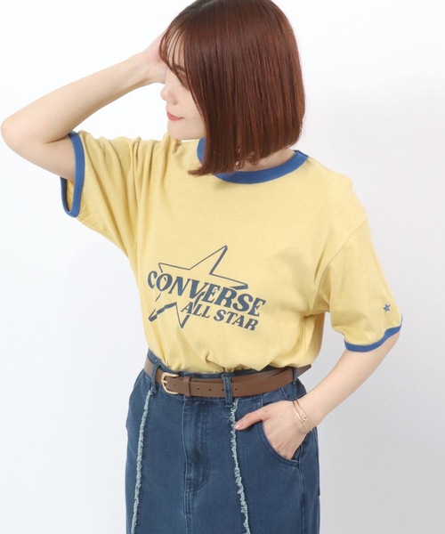CONVERSE(コンバース)の「CONVERSE White(コンバース ホワイト)スターブランドロゴプリント 綿麻リンガーTシャツ レディース(Tシャツ/カットソー・レディース・オフホワイト/イエロー・M)」の20枚目の写真