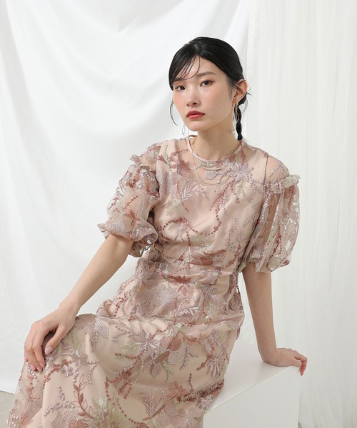 kana オーガンジーパフスリーブ刺繍レースドレス お呼ばれワンピース モカ 楽天市場】オーガンジーパフスリーブ刺繍レースドレス