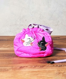 HOUSTON woman ヒューストン ウーマン CAT BIRD EMB QUILTING EFECT BAG 猫 ネコ 小鳥 刺繍 キルティング エフェクトバッグ 巾着バッグ