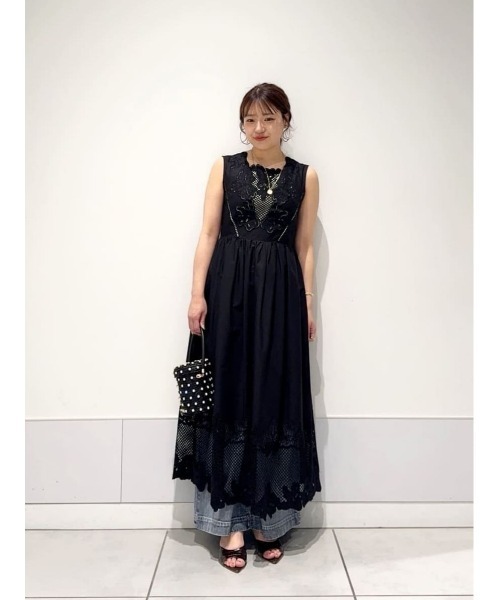 ルルウィルビー ベルテッドワンピース S ゴブラン織り 黒×ゴールド ほぼ未使用 LOULOU WILLOUGHBY】オーガンドットウエストリボンワンピース