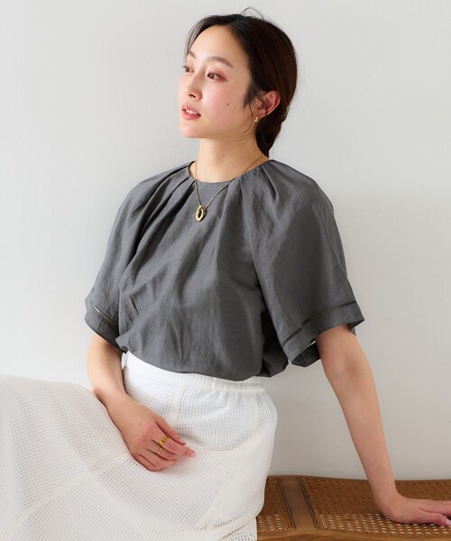 未使用 タグ付 アンタイトル リネン ブラウス 48 大きいサイズ 長袖 UNTITLED｜【セットアップ可能/手洗い可】リネン混 ボートネック