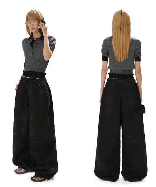 ワイドシルエット バックル付き パラシュートパンツ XXK4337