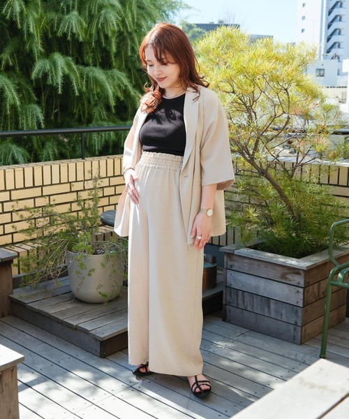 【産前・産後対応】 リネンライクシリーズ マタニティ ギャザーワイドパンツ セール】【産前・産後対応】《リネンライクシリーズ》マタニティ