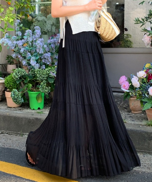 a lot of love（ア ロット オブ ラブ）の「細プリーツ シアーティアードスカート（スカート・レディース・ブラック/アイボリー・FREE）」の2枚目の写真