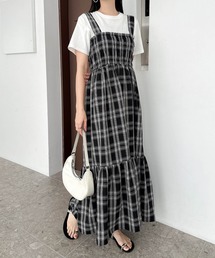 チェック柄ティアードロングキャミワンピース