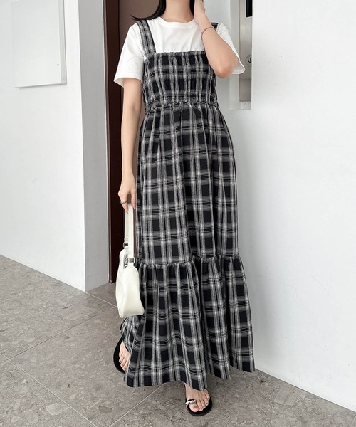 セール】チェック柄ティアードロングキャミワンピース