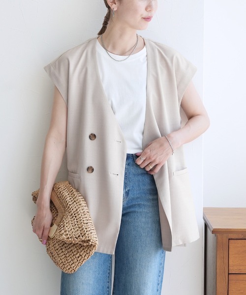 reca（レカ）の「ビンテージワッシャー フレンチスリーブジャケット（ベスト・レディース・モカ/ブラック/アイボリー・M）」の6枚目の写真