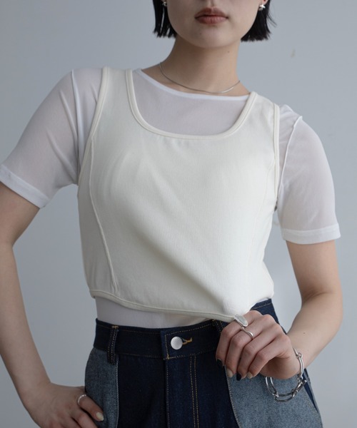 VACANCY(ヴァカンシー)の「ホールデザインタンク/シアーインナーセット(Tシャツ/カットソー・レディース・ホワイト/ブラック・FREE)」の2枚目の写真