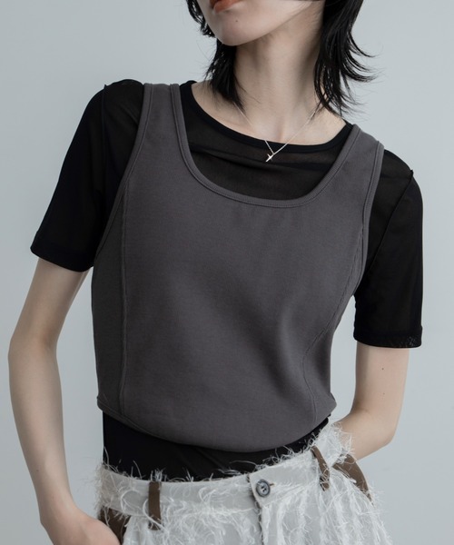 VACANCY(ヴァカンシー)の「ホールデザインタンク/シアーインナーセット(Tシャツ/カットソー・レディース・ホワイト/ブラック・FREE)」の1枚目の写真
