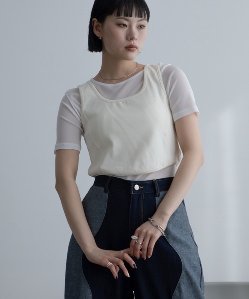 VACANCY(ヴァカンシー)の「ホールデザインタンク/シアーインナーセット(Tシャツ/カットソー・レディース・ホワイト/ブラック・FREE)」の3枚目の写真