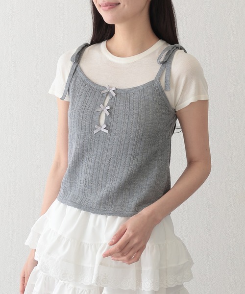 Lace Ladies(レースレディース)の「リボン付き キャミソール ドッキング 半袖 Tシャツ(Tシャツ/カットソー・レディース・ブルー/グレー・FREE)」の2枚目の写真