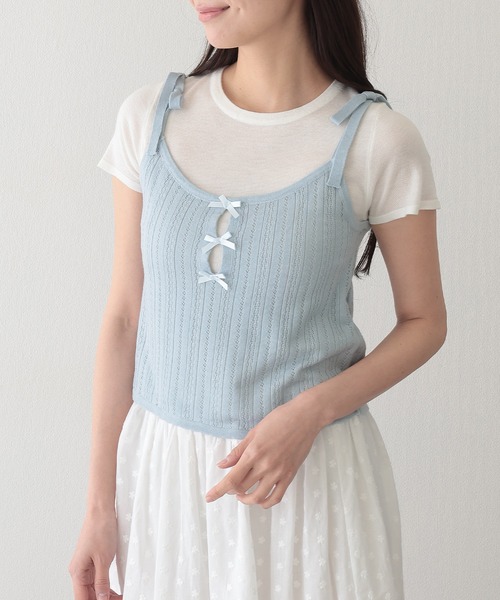 Lace Ladies(レースレディース)の「リボン付き キャミソール ドッキング 半袖 Tシャツ(Tシャツ/カットソー・レディース・ブルー/グレー・FREE)」の1枚目の写真