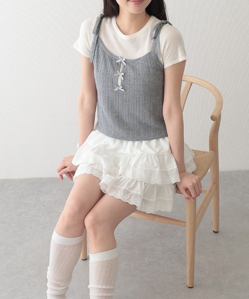 Lace Ladies(レースレディース)の「リボン付き キャミソール ドッキング 半袖 Tシャツ(Tシャツ/カットソー・レディース・ブルー/グレー・FREE)」の6枚目の写真