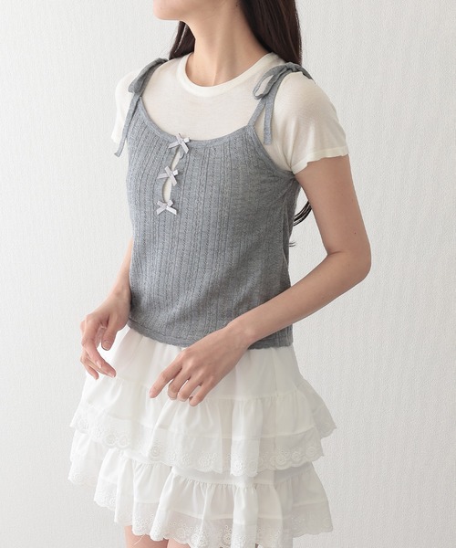 Lace Ladies(レースレディース)の「リボン付き キャミソール ドッキング 半袖 Tシャツ(Tシャツ/カットソー・レディース・ブルー/グレー・FREE)」の7枚目の写真