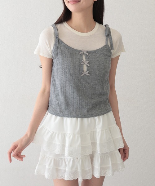 Lace Ladies(レースレディース)の「リボン付き キャミソール ドッキング 半袖 Tシャツ(Tシャツ/カットソー・レディース・ブルー/グレー・FREE)」の3枚目の写真