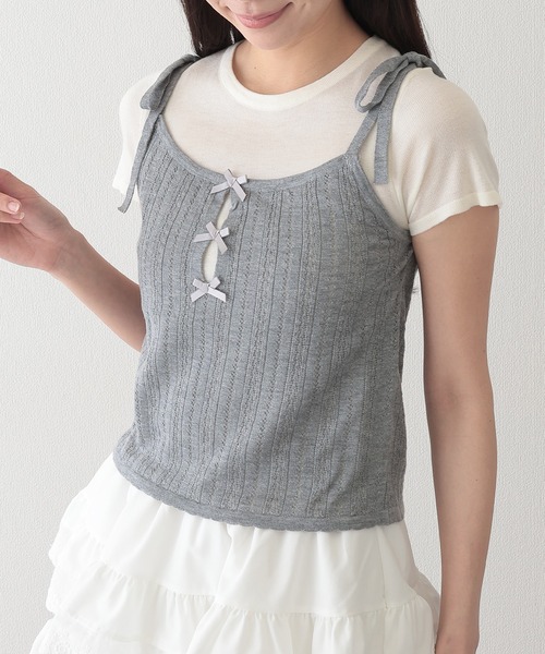 Lace Ladies(レースレディース)の「リボン付き キャミソール ドッキング 半袖 Tシャツ(Tシャツ/カットソー・レディース・ブルー/グレー・FREE)」の4枚目の写真