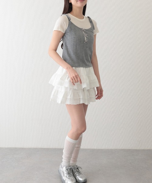 Lace Ladies(レースレディース)の「リボン付き キャミソール ドッキング 半袖 Tシャツ(Tシャツ/カットソー・レディース・ブルー/グレー・FREE)」の5枚目の写真