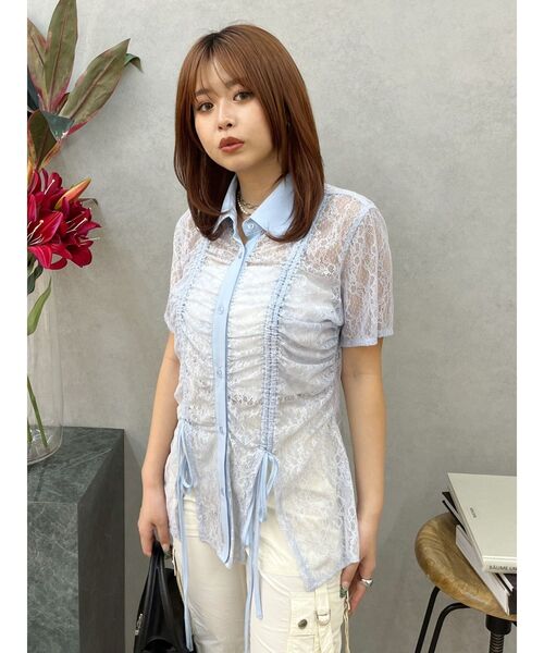 EVRIS（エヴリス）の「ドロストハーフスリーブレースシャツ（シャツ/ブラウス・レディース・ホワイト/ブルー/ブラック・FREE）」の4枚目の写真