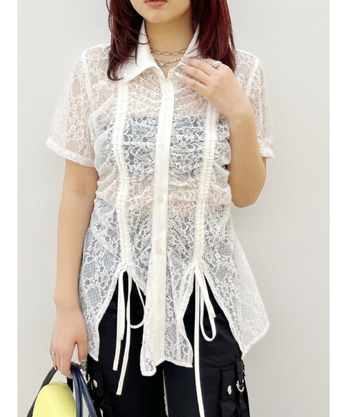 EVRIS（エヴリス）の「ドロストハーフスリーブレースシャツ（シャツ/ブラウス・レディース・ホワイト/ブルー/ブラック・FREE）」の2枚目の写真