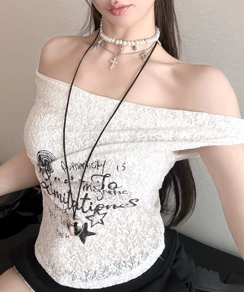 REMUR(レミュール)の「オフショルロゴレーストップス(Tシャツ/カットソー・レディース・ホワイト/ブラック・FREE)」の4枚目の写真