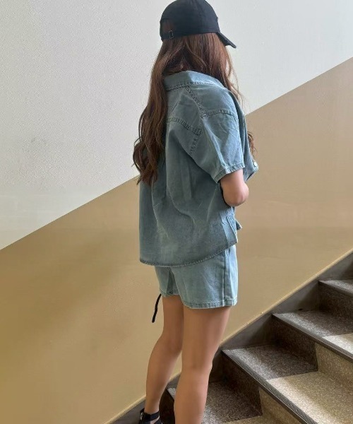 LETee(レティー)の「デニムサマージャケット&ラップスカート風ショートパンツ(セットアップ・レディース・ブルー/サックスブルー・FREE)」の8枚目の写真