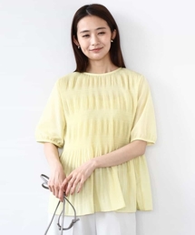 美品　ティッカ 洗える シルク混 ストライプ ギャザーシアーブラウス イエロー 美品 ティッカ 洗える シルク混 ストライプ ギャザーシアー
