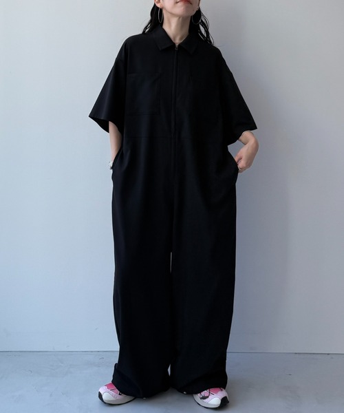 ネイビー 半袖オールインワン antiqua（アンティカ） オールインワン レディース ボトムス 半袖 五分