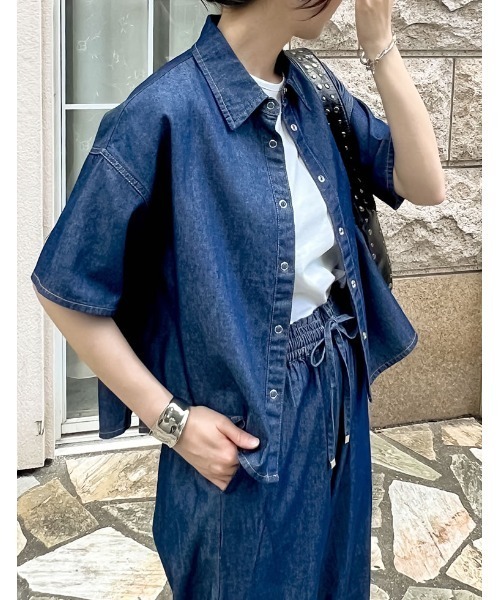 ブラウス シャツ 「接触冷感」冷感デニムクロップド半袖シャツ レディース 接触冷感]冷感デニムクロップド半袖シャツ（シャツ/ブラウス