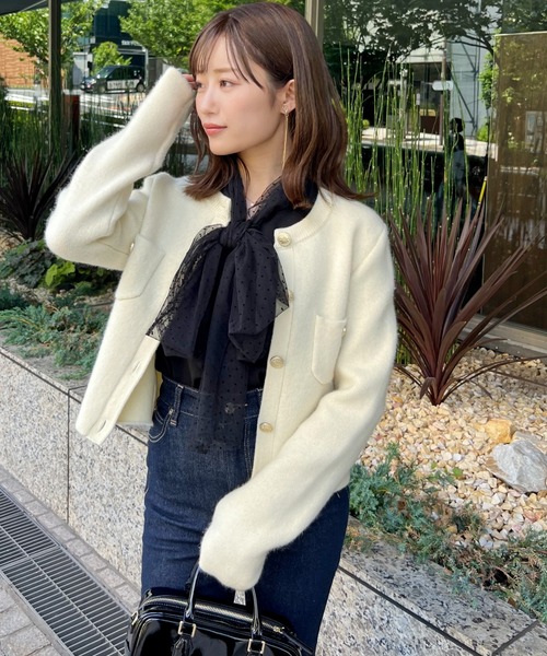 SNIDEL モヘアニットジャケット ウール ホワイト 金飾りボタン ノーカラー SNIDEL（スナイデル）の「モヘアニットジャケット（その他