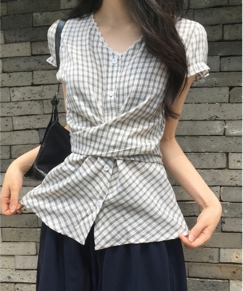 gossip!ロサンゼルス(ゴシップロサンゼルス)の「Y2K チェックパターン バックリボンブラウス(Tシャツ/カットソー・レディース・チェック/ネイビー・FREE)」の9枚目の写真