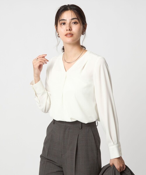 肩タック Vネック ブラウス マシンウォッシャブル UVカット
