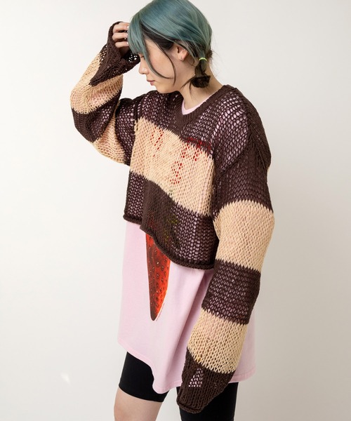 RNA(アールエヌエー)の「K2722 ワイドボーダーメッシュプルオーバー(ニット/セーター・レディース・グリーン/ブラウン/ブラック×ホワイト・MEDIUM)」の12枚目の写真