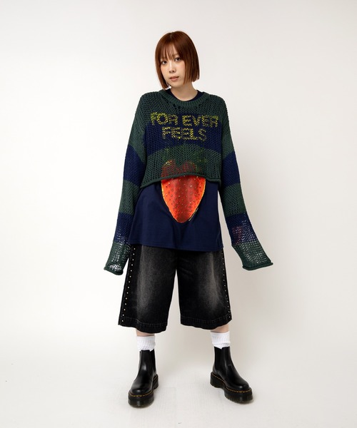 RNA(アールエヌエー)の「K2722 ワイドボーダーメッシュプルオーバー(ニット/セーター・レディース・グリーン/ブラウン/ブラック×ホワイト・MEDIUM)」の6枚目の写真