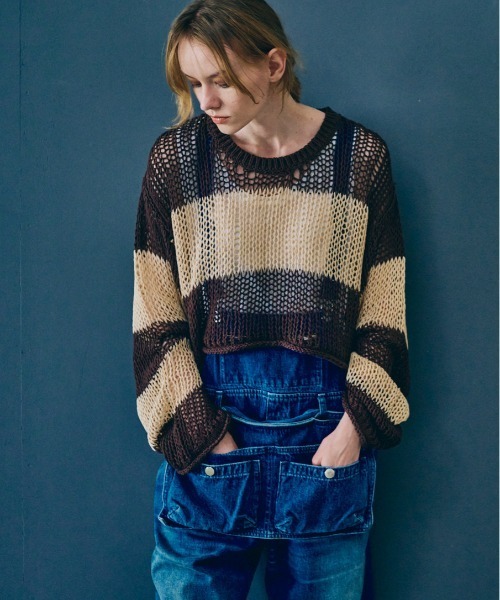 RNA(アールエヌエー)の「K2722 ワイドボーダーメッシュプルオーバー(ニット/セーター・レディース・グリーン/ブラウン/ブラック×ホワイト・MEDIUM)」の19枚目の写真