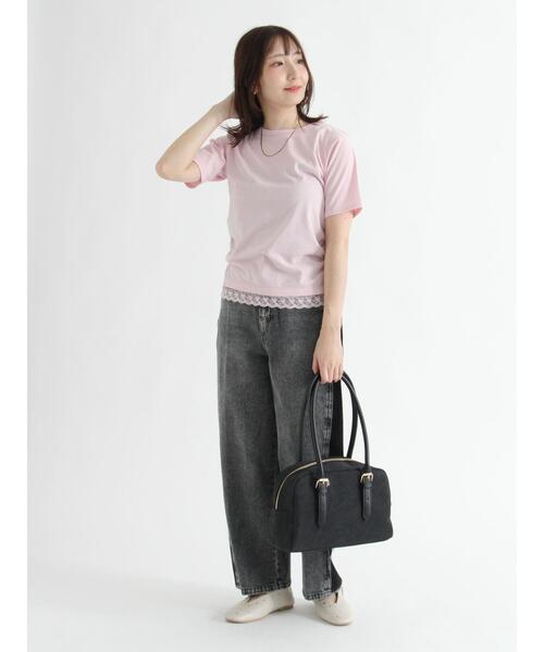 Te chichi TERRASSE（テチチテラス）の「レースヘムシャーリングTシャツ（Tシャツ/カットソー・レディース・ピンク/オフホワイト/ブラック・F）」の4枚目の写真