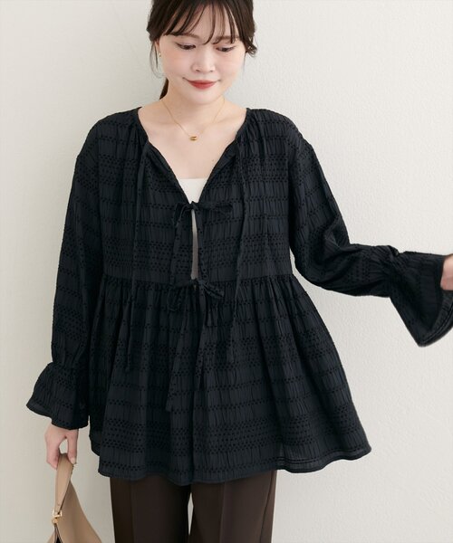 natural couture(ナチュラルクチュール)の「【WEB限定】モールボーダーペプラムブラウス(シャツ/ブラウス・レディース・ブラウン/レッド系その他/ブラック/オフホワイト・FREE)」の3枚目の写真