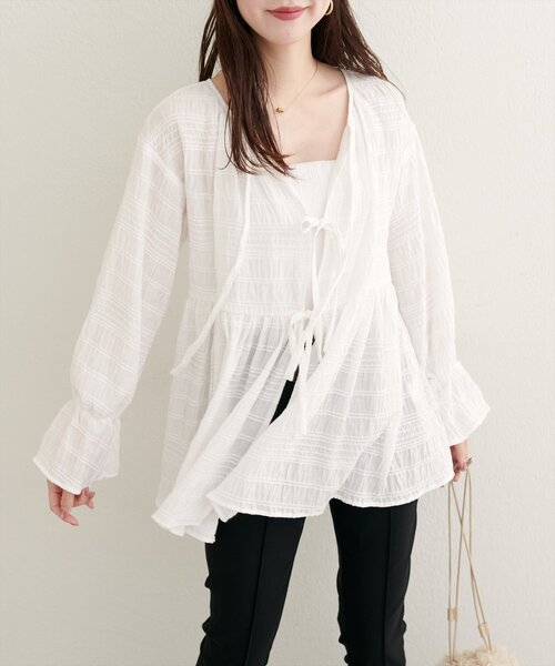 natural couture(ナチュラルクチュール)の「【WEB限定】モールボーダーペプラムブラウス(シャツ/ブラウス・レディース・ブラウン/レッド系その他/ブラック/オフホワイト・FREE)」の7枚目の写真