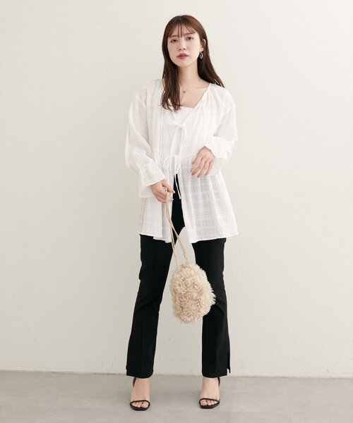 natural couture(ナチュラルクチュール)の「【WEB限定】モールボーダーペプラムブラウス(シャツ/ブラウス・レディース・ブラウン/レッド系その他/ブラック/オフホワイト・FREE)」の10枚目の写真